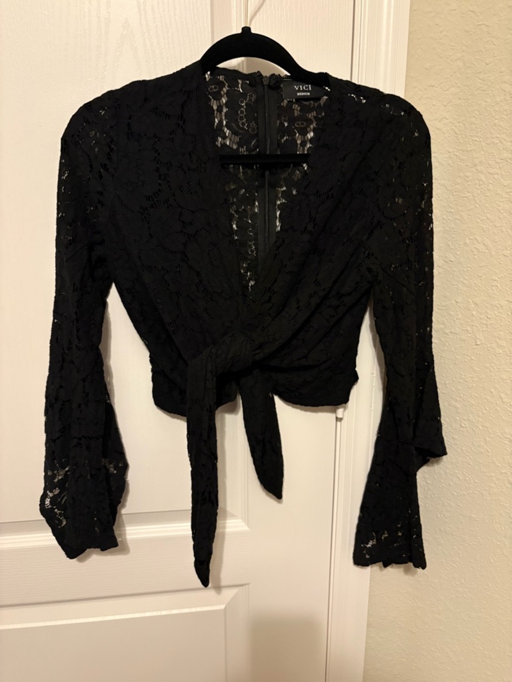 Vici Black Lace Tie-Front Wrap Blouse